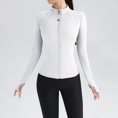 Women'S Full Zip Yoga Top with Thumbholes Stretch Fit Long Sleeve round Neck Jacket