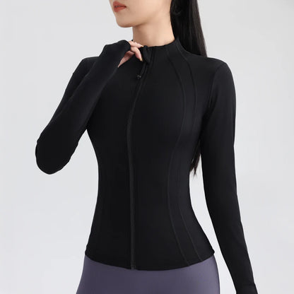 Women'S Full Zip Yoga Top with Thumbholes Stretch Fit Long Sleeve round Neck Jacket