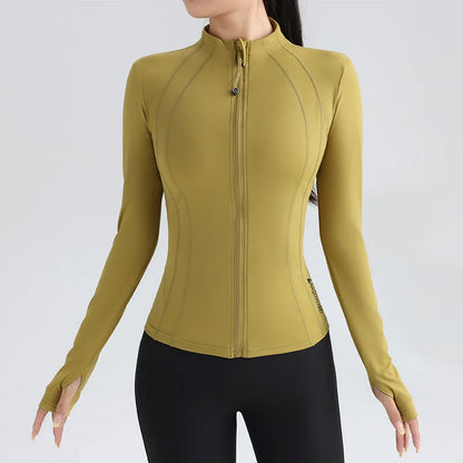 Women'S Full Zip Yoga Top with Thumbholes Stretch Fit Long Sleeve round Neck Jacket