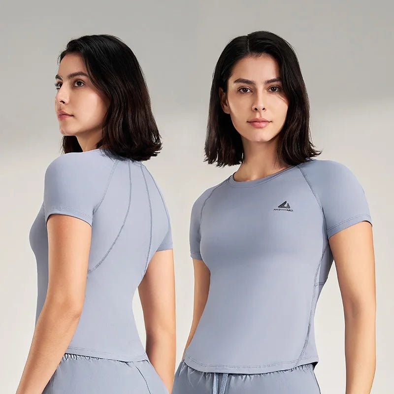 Women's Yoga Short Sleeve Round neck Polyester Tee - JasrotaActiveWear Tops1005006466092189 - Blue - grey Top - M