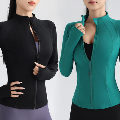 Women'S Full Zip Yoga Top with Thumbholes Stretch Fit Long Sleeve round Neck Jacket