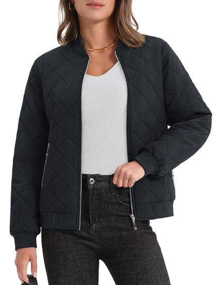 Women Warm Padded Lightweight Casual Quilted Bomber Jacket