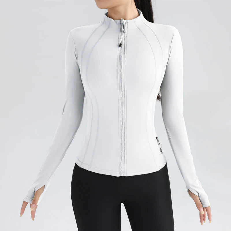 Women'S Full Zip Yoga Top with Thumbholes Stretch Fit Long Sleeve round Neck Jacket