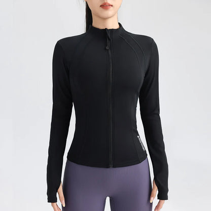 Women'S Full Zip Yoga Top with Thumbholes Stretch Fit Long Sleeve round Neck Jacket