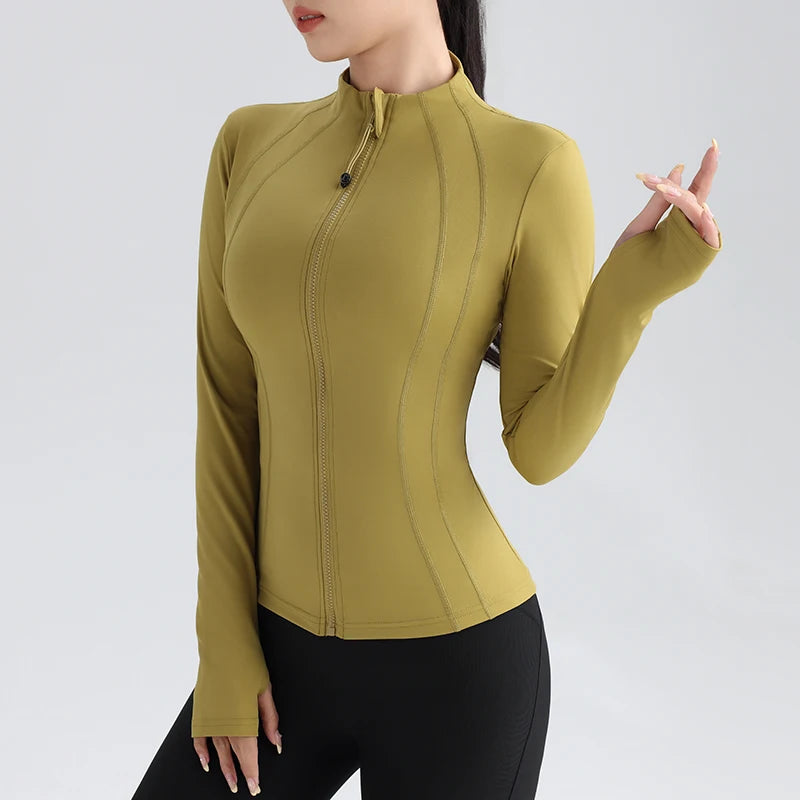 Women'S Full Zip Yoga Top with Thumbholes Stretch Fit Long Sleeve round Neck Jacket