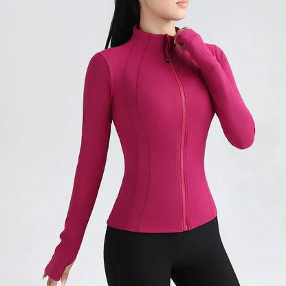 Women'S Full Zip Yoga Top with Thumbholes Stretch Fit Long Sleeve round Neck Jacket