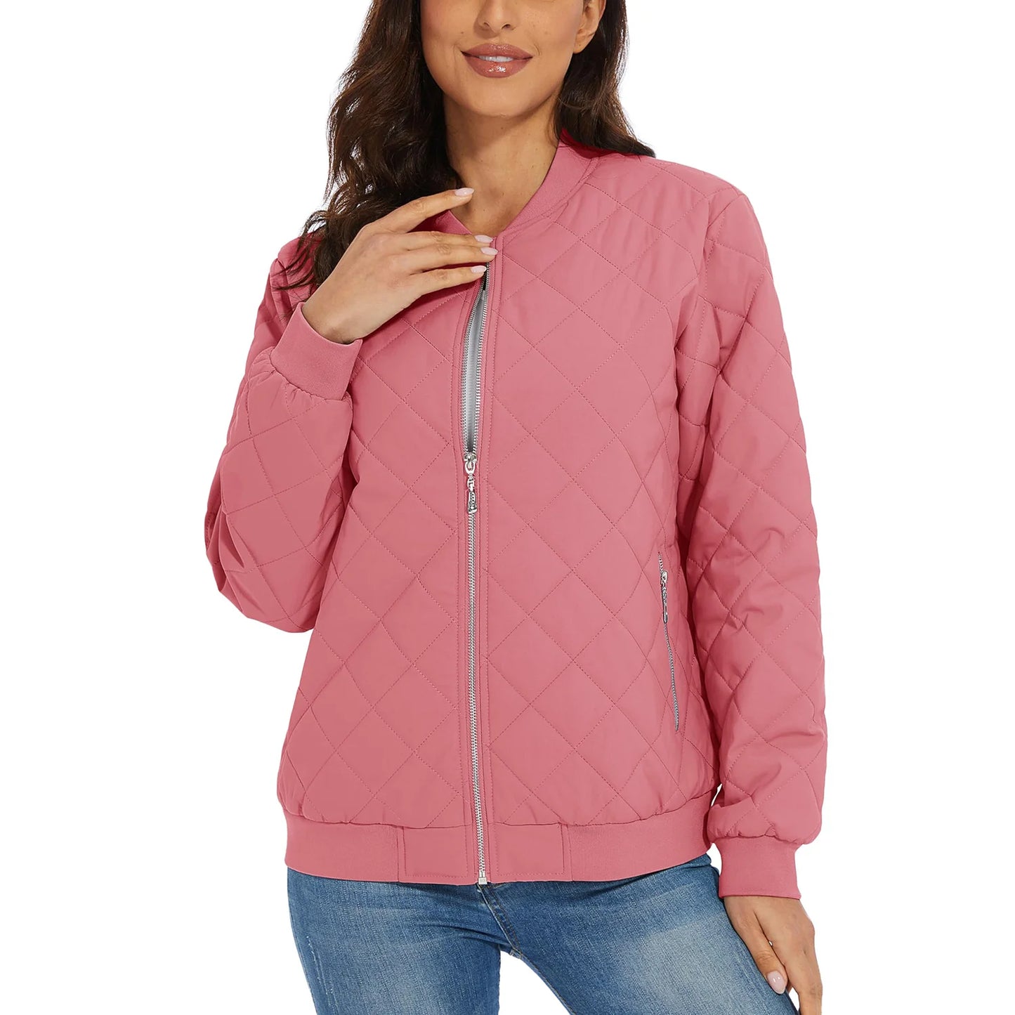 Women Warm Padded Lightweight Casual Quilted Bomber Jacket