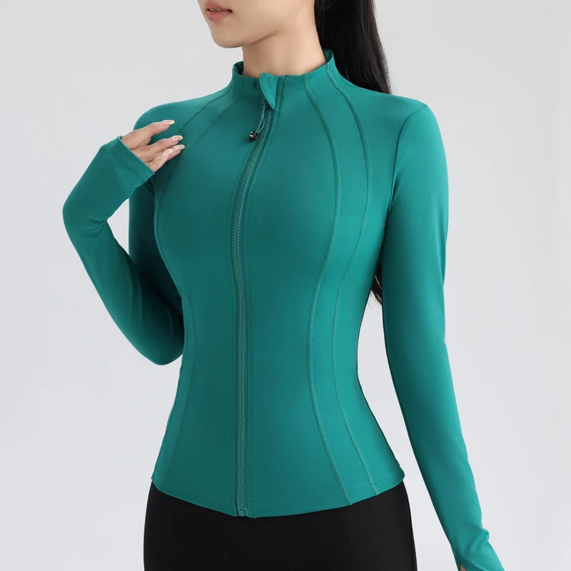 Women'S Full Zip Yoga Top with Thumbholes Stretch Fit Long Sleeve round Neck Jacket